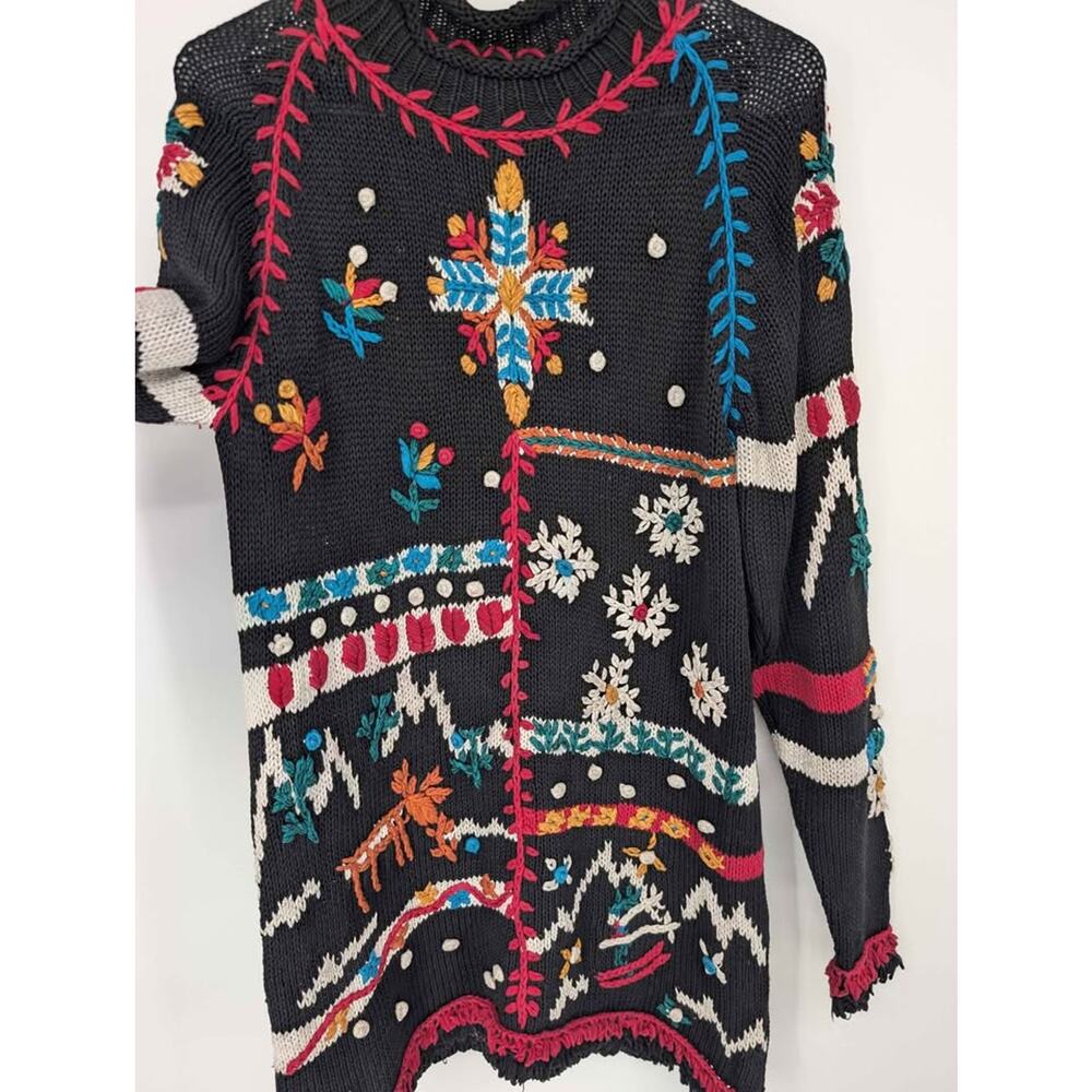 VTG 90s 3D Knit Tunic Sweater S Grandmacore Deer Ski Ugly Christmas Distressed